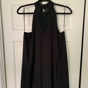 Black halter dress with lace detail